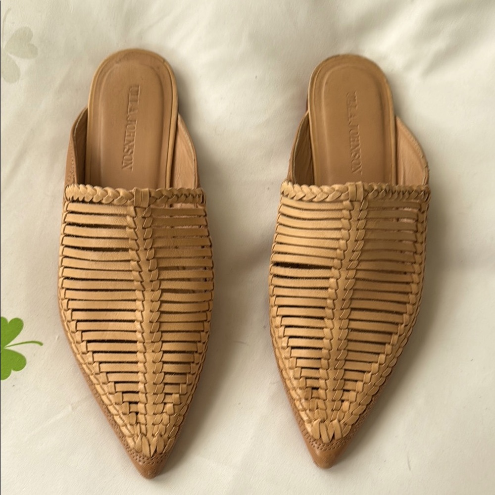 Ulla Johnson Tan Woven Mules “ Jana Babouche” Leather Slip-On Design